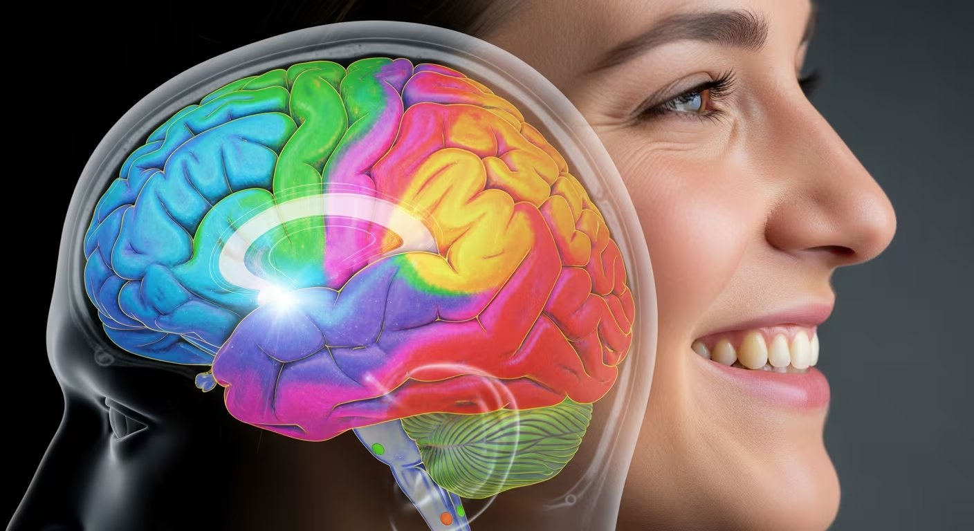 La imagen muestra una ilustración detallada del cerebro humano en sección transversal, resaltando diferentes áreas con colores vibrantes. Al fondo, se aprecia el rostro sonriente de una mujer, enfatizando la relación entre la salud cerebral y el estado de ánimo positivo. Esta representación visual ilustra los avances científicos en el campo de la neurociencia y el impacto de las emociones en el funcionamiento cerebral. (Imagen Ilustrativa Infobae)