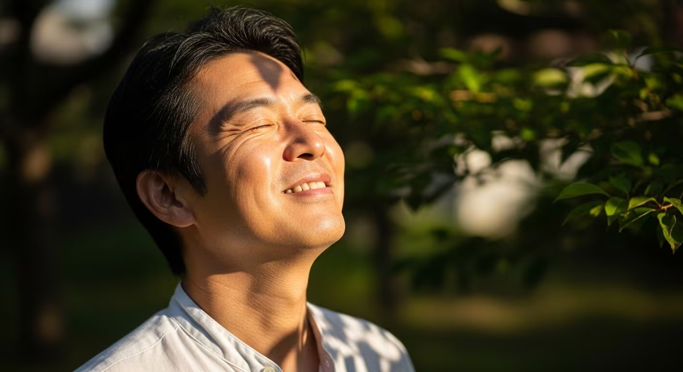 Un hombre sonríe plácidamente mientras cierra los ojos y disfruta de los cálidos rayos del sol en un parque, rodeado de vegetación. La imagen transmite tranquilidad y bienestar, resaltando la importancia de conectar con la naturaleza para mejorar la salud mental y emocional. (Imagen Ilustrativa Infobae)