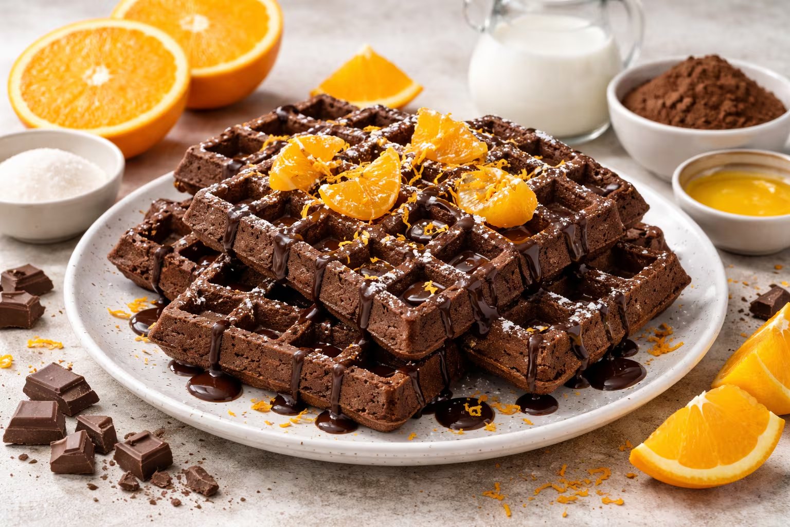El waffle de chocolate y naranja fusiona el sabor intenso del cacao con el frescor cítrico, creando una propuesta innovadora para los amantes de la repostería (Imagen Ilustrativa Infobae)