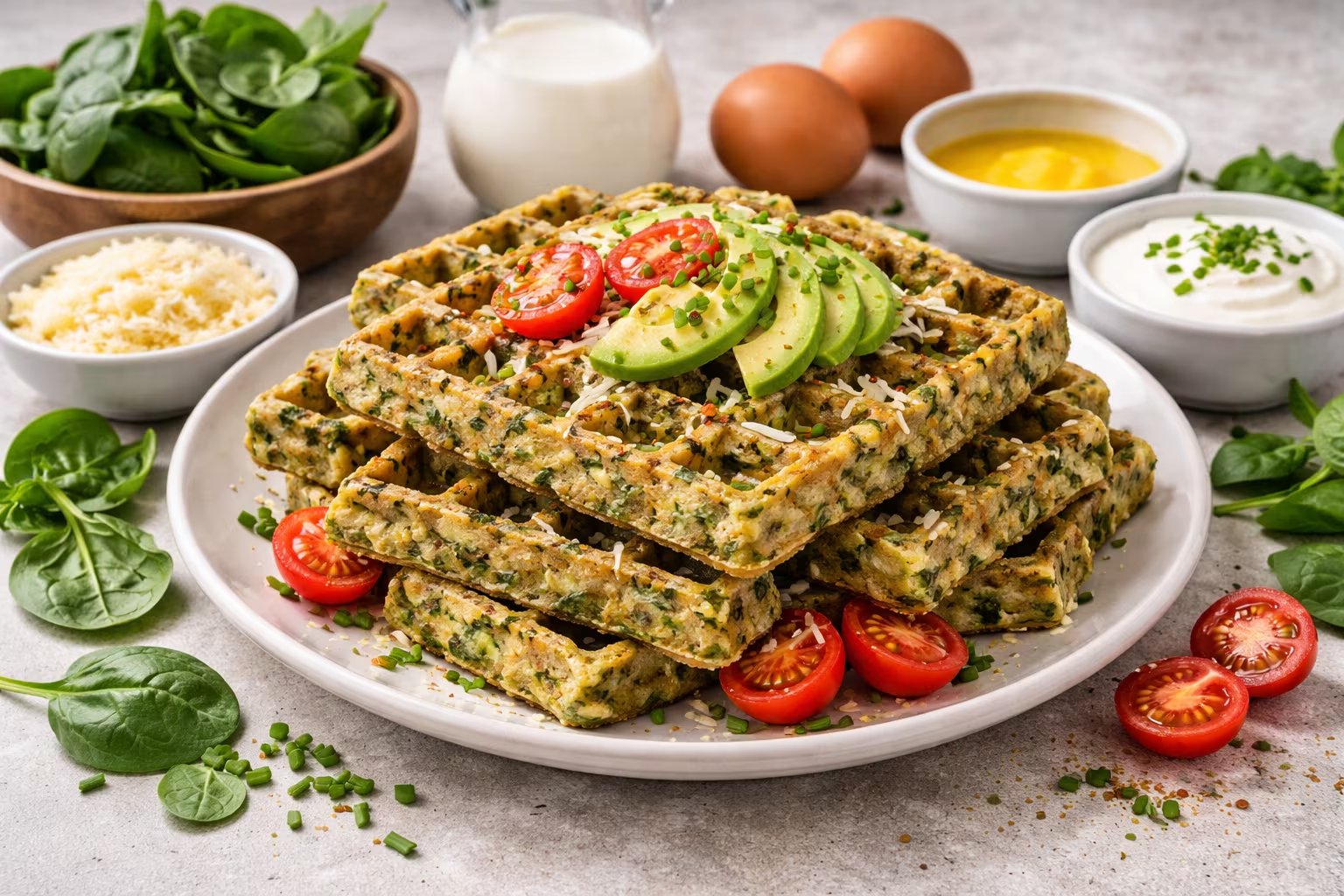 El waffle salado de espinaca y queso se presenta como una opción ligera y sabrosa, ideal para almuerzos y cenas rápidas o como entrada original (Imagen Ilustrativa Infobae)