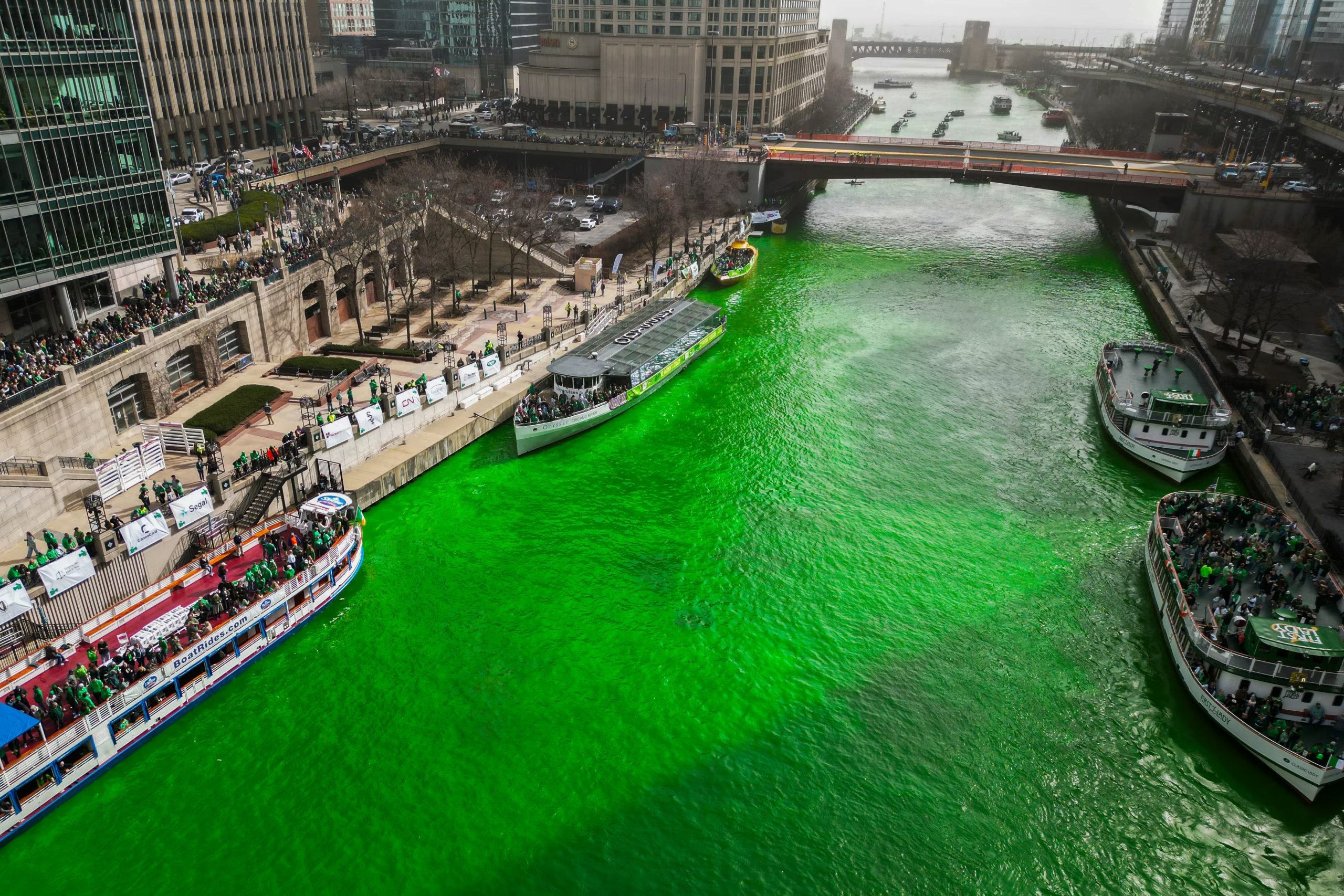 El río Chicago teñido de verde como parte de las festividades anuales del Día de San Patricio en Chicago (AP foto/Erin Hooley)