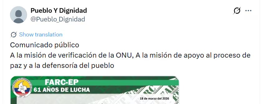 Esto dice la misiva emitida en la cuenta de X del Estado Mayor Central @Pueblo<em>Dignidad – crédito @Pueblo</em>Dignidad/X» class=»aligncenter size-full» src=»https://kchcomunicacion.com/wp-content/uploads/2026/03/Disidencias-de-Ivan-Mordisco-prohibiran-el-ingreso-1.jpg» style=»width:100%; height:auto; margin-bottom: 20px;»/></p>
<p>En su argumentación, el grupo armado arremetió específicamente contra la <strong>Defensoría del Pueblo</strong>, asegurando que las alertas tempranas que este organismo emite con regularidad han sido <strong>“manipuladas por sus encargados regionales, que desconocen u omiten la realidad territorial, sembrando pánico, aversión contra las Farc-EP y convirtiéndose en la justificación de los operativos militares”</strong>.</p>
<p>Los miembros de la disidencia también señalaron a estas organizaciones por lo que consideran una omisión sistemática frente a presuntas vulneraciones del derecho internacional humanitario atribuidas al Estado colombiano.</p>
<blockquote><p>“Siempre hemos señalado el silencio casi cómplice de estos organismos frente a crímenes de estado o la violación al derecho internacional humanitario como en los casos de la muerte del menor de 10 años Dylan Cruz, y los tres civiles asesinados a manos de la fuerza pública en el corregimiento de El Plateado Argelia en el mes de enero, o los bombardeos contra civiles y menores de edad en el departamento del Guaviare, además de la estigmatización creciente contra las legítimas formas de resistencia del pueblo colombiano”</p></blockquote>
<p><img decoding=