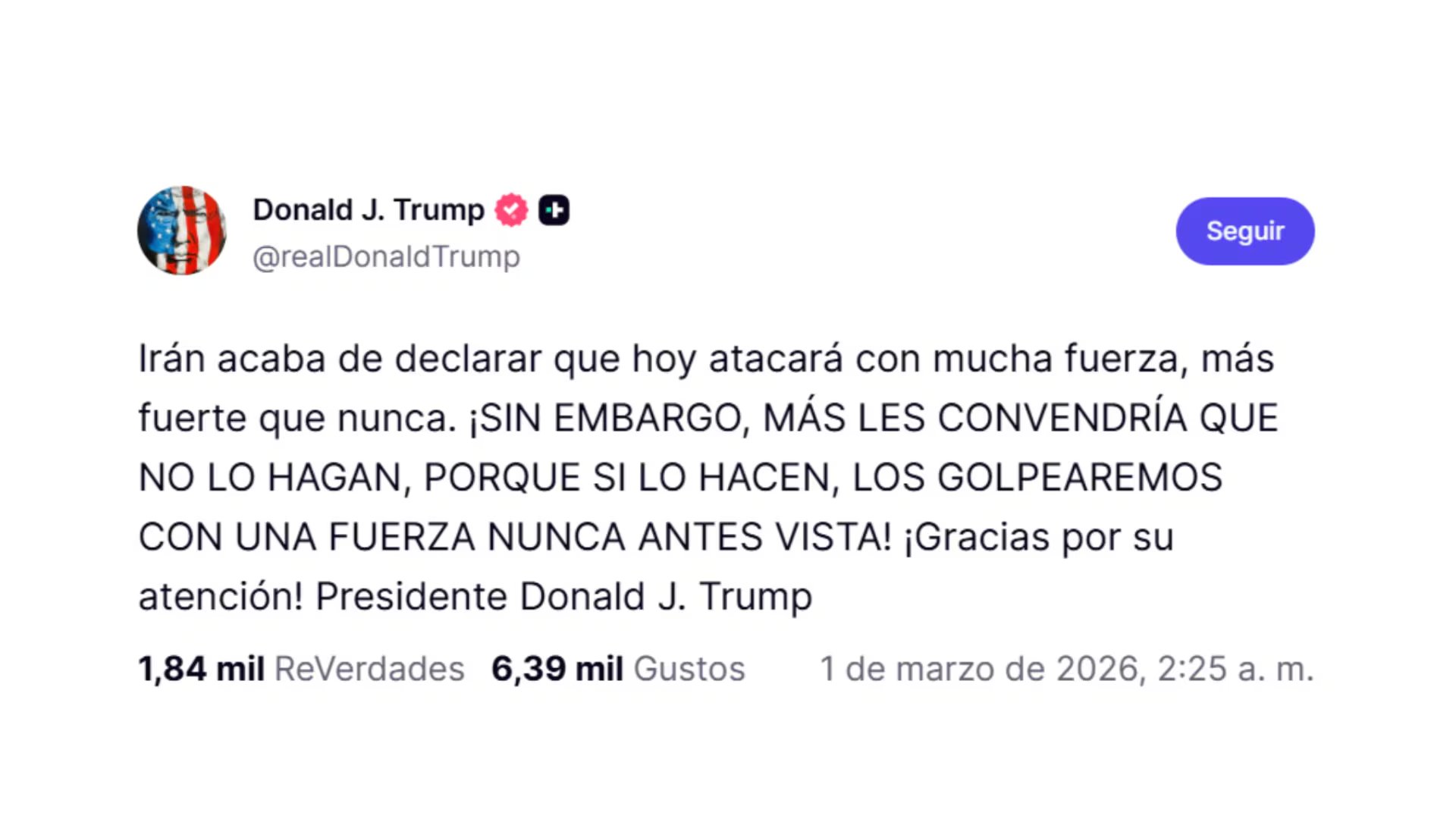 El mensaje de Trump en Truth Social (@realDonaldTrump)