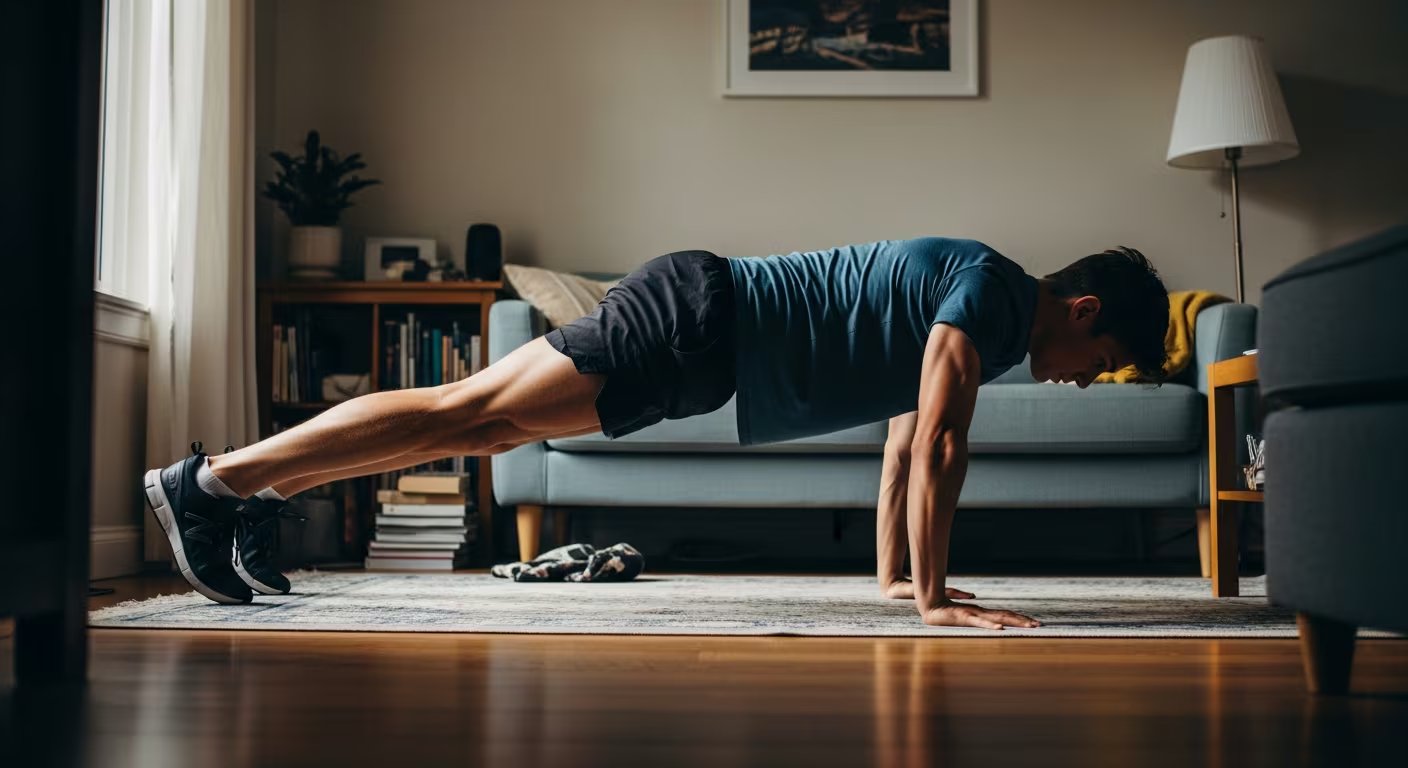 Realizar una rutina rápida de fuerza en casa activa los principales grupos musculares, eleva el ritmo cardíaco y alivia la tensión acumulada por el estrés (Imagen Ilustrativa Infobae)