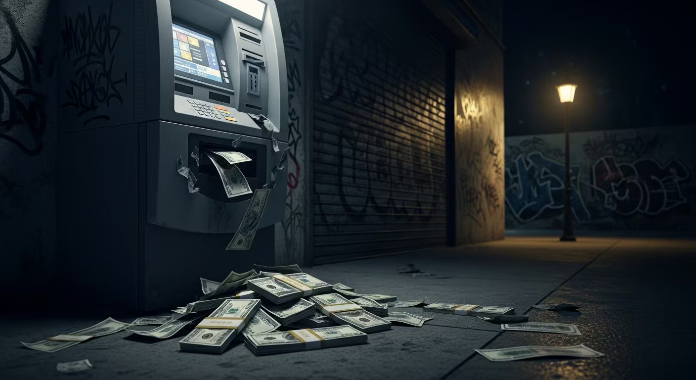 Un cajero automático vandalizado expulsa billetes de dólar en una calle oscura, ilustrando los millonarios ataques de jackpotting que afectan a los Estados Unidos (Imagen Ilustrativa Infobae)