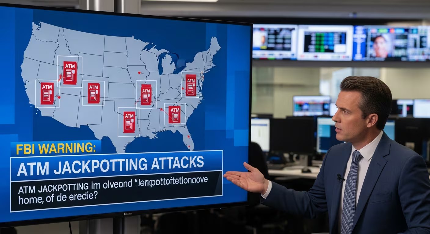 Un presentador de noticias informa sobre la advertencia del FBI acerca de una ola de ataques de jackpotting a cajeros automáticos en Estados Unidos, mostrando un mapa con las ubicaciones afectadas (Imagen Ilustrativa Infobae)