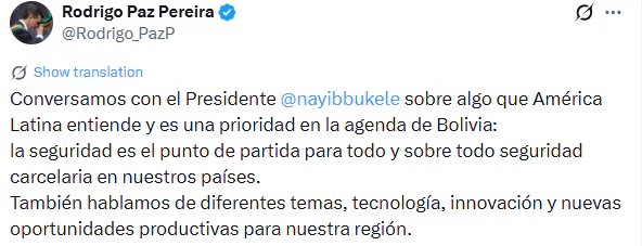 Publicación en x
X del Presidente de Bolivia, Rodrigo Paz Pereira. (Cortesía: Rodrigo Paz Pereira)