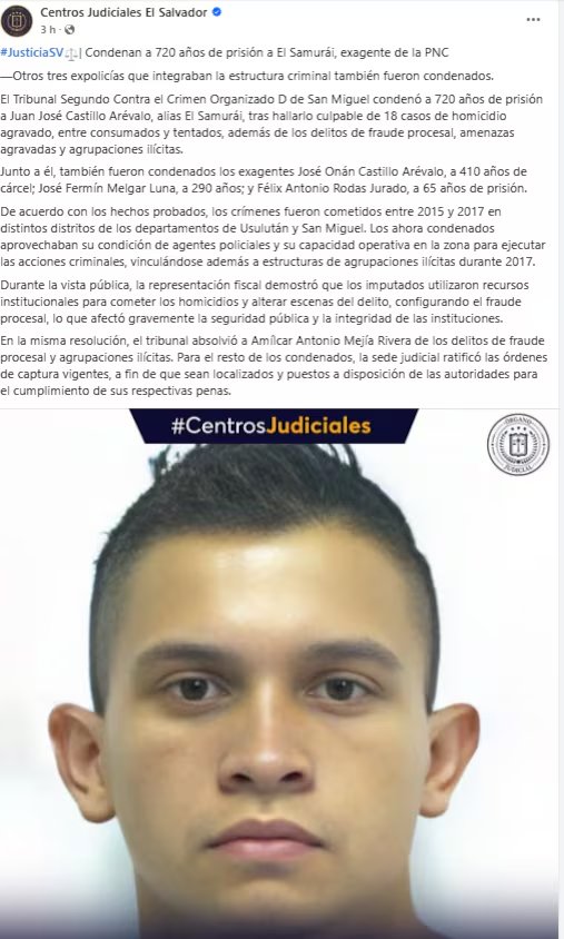 El Tribunal Segundo Contra el Crimen Organizado de San Miguel sentenció a Juan José Castillo Arévalo, alias El Samurái, a 720 años de prisión. (Cortesía: Centros Judiciales de El Salvador)