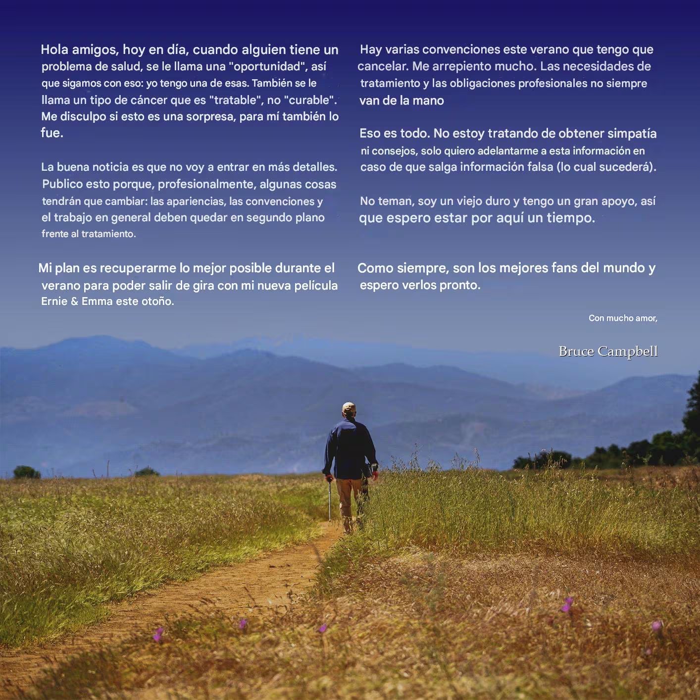 Mensaje de Bruce Campbell en redes sociales revelando su condición de salud