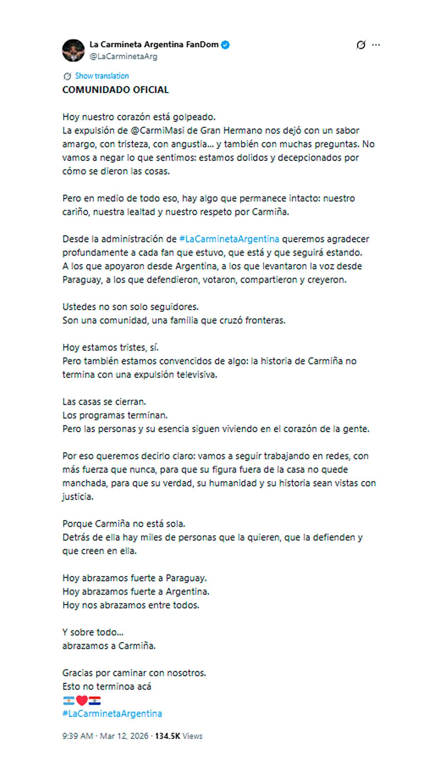 El comunicado oficial del club #LaCarminetaArgentina destacó la lealtad y unión de la comunidad de fans en Argentina y Paraguay tras la expulsión