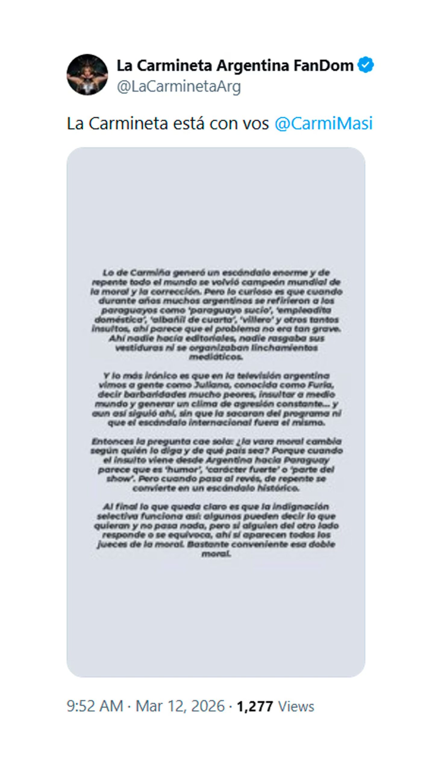La cuenta oficial de La Carmineta Argentina FanDom publica un extenso comunicado en Twitter en apoyo a Carmiña Masi, abordando la polémica generada y la doble moral en los medios