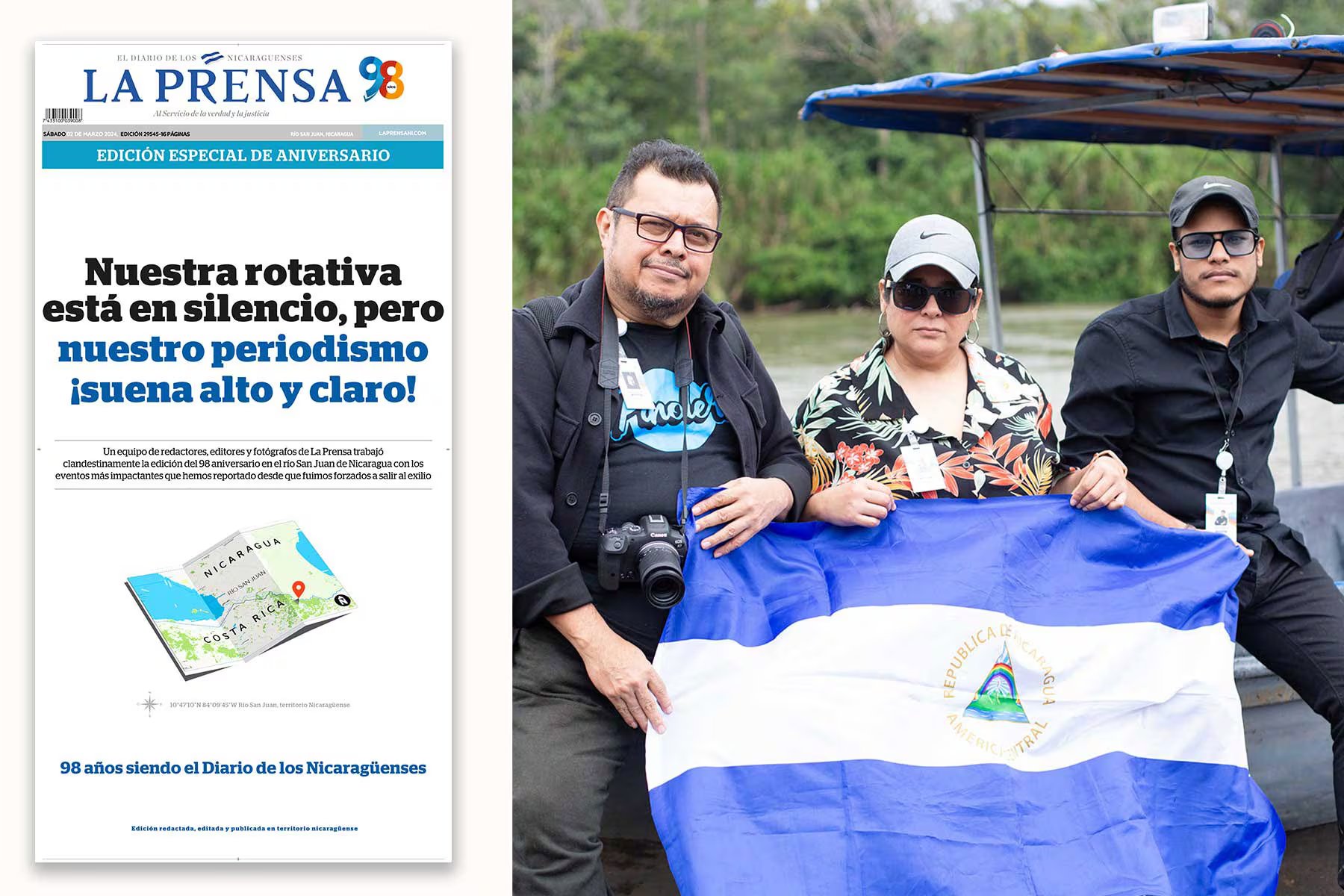 En marzo de marzo de 2024, un equipo de La Prensa ingreso a la frontera sur de Nicaragua para elaborar la edición conmemorativa de los 98 años. A la derecha la portada de esa edición. (Imágenes cortesía de La Prensa)