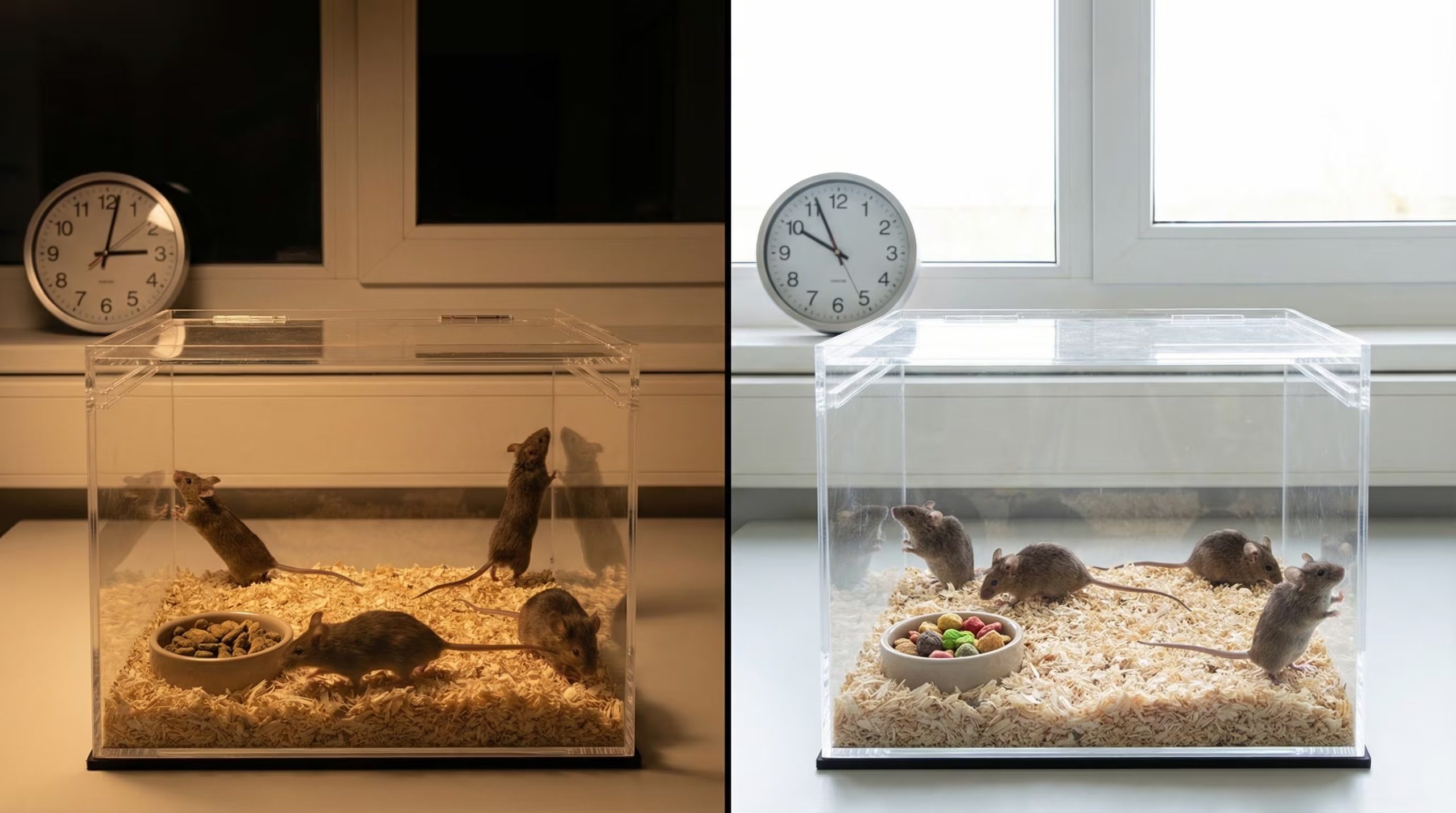 Esta imagen compara la actividad de ratones en una caja de laboratorio durante el ciclo día-noche, mostrando variaciones en su comportamiento alimenticio y exploratorio bajo diferentes condiciones de luz. (Imagen Ilustrativa Infobae)