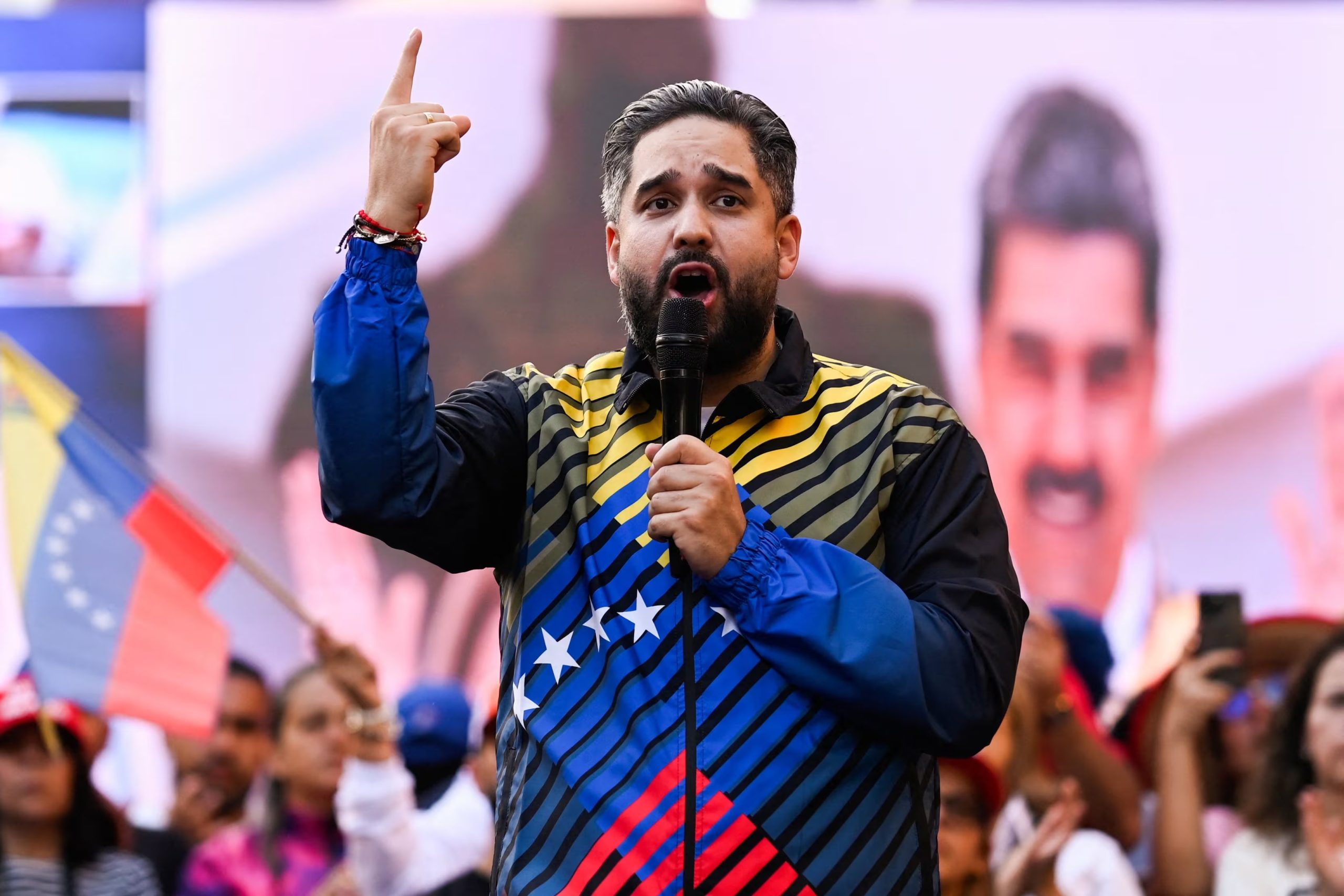 Nicolas Maduro Guerra, son of ousted President Nicolas Maduro, speaks during a rally to demand the release of Maduro and his wife, Cilia Flores, one month after their capture by the U.S. during recent U.S. strikes on the country, in Caracas, Venezuela, February 3, 2026. REUTERS/Maxwell Briceno