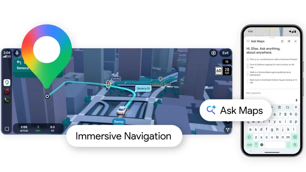 Google Maps combina imágenes aéreas, modelado de Street View y tecnología Gemini para crear entornos urbanos realistas y detallados. (Google)