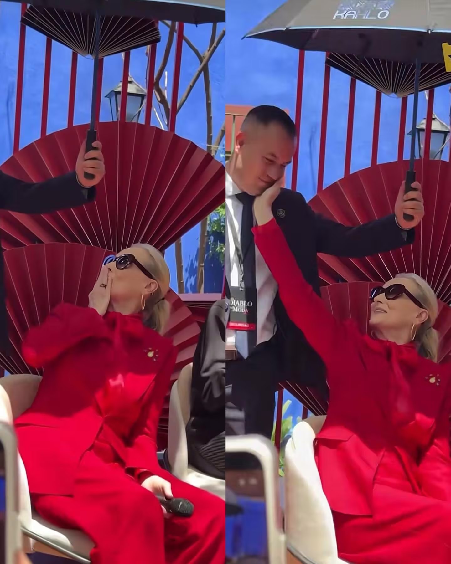 Meryl Streep le demuestra su aprecio al que le sostiene el paraguas para taparla del sol en México
(RS)