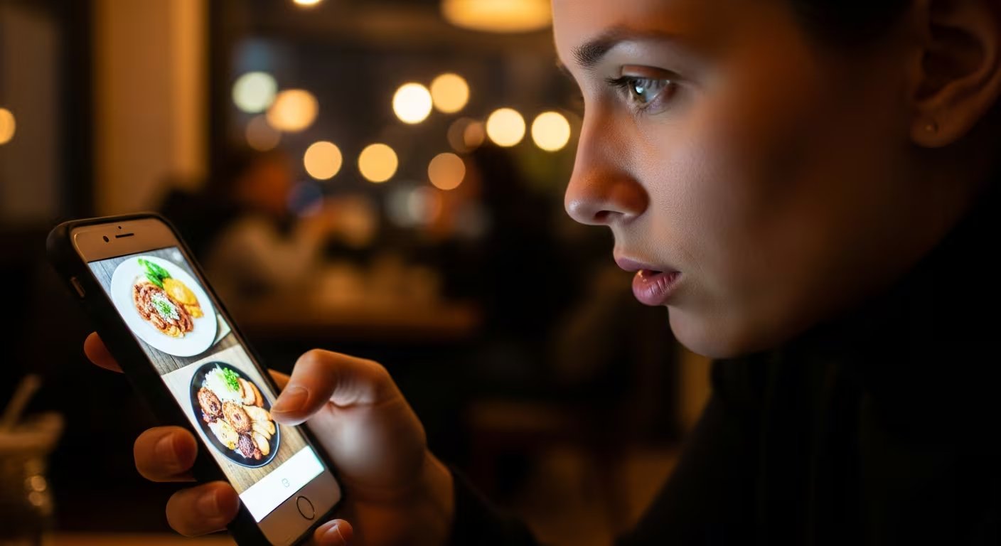 Una mujer observa imágenes de platos de comida en la pantalla de su móvil. (Imagen Ilustrativa Infobae)