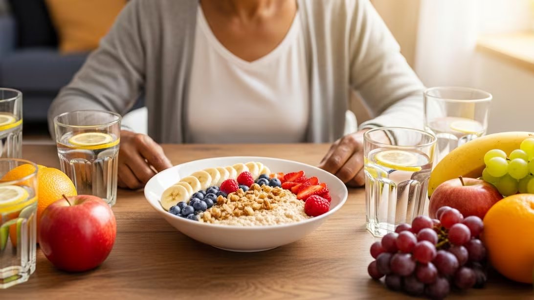 Dejar un vaso de agua en la mesa de noche y añadir frutas y vegetales al desayuno ayuda a mantener el equilibrio de electrolitos y la presión arterial (Imagen Ilustrativa Infobae)