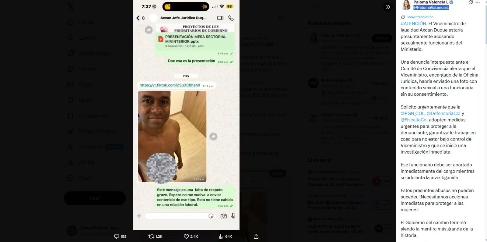 Las solicitudes de actuación rápida y garantías de seguridad para la funcionaria señalada reafirman la importancia de salvaguardar los derechos de trabajadores en ambiente gubernamental - crédito @PalomaValenciaL / X