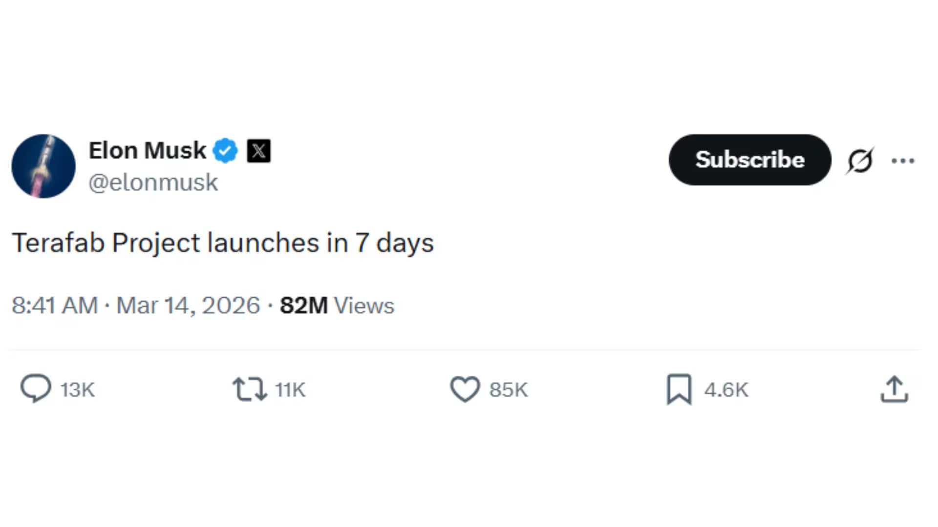 Elon Musk, CEO de Tesla y SpaceX, anunció a través de su cuenta de X que el 'Proyecto Terafab' se lanzará en una semana. (X: elonmusk)