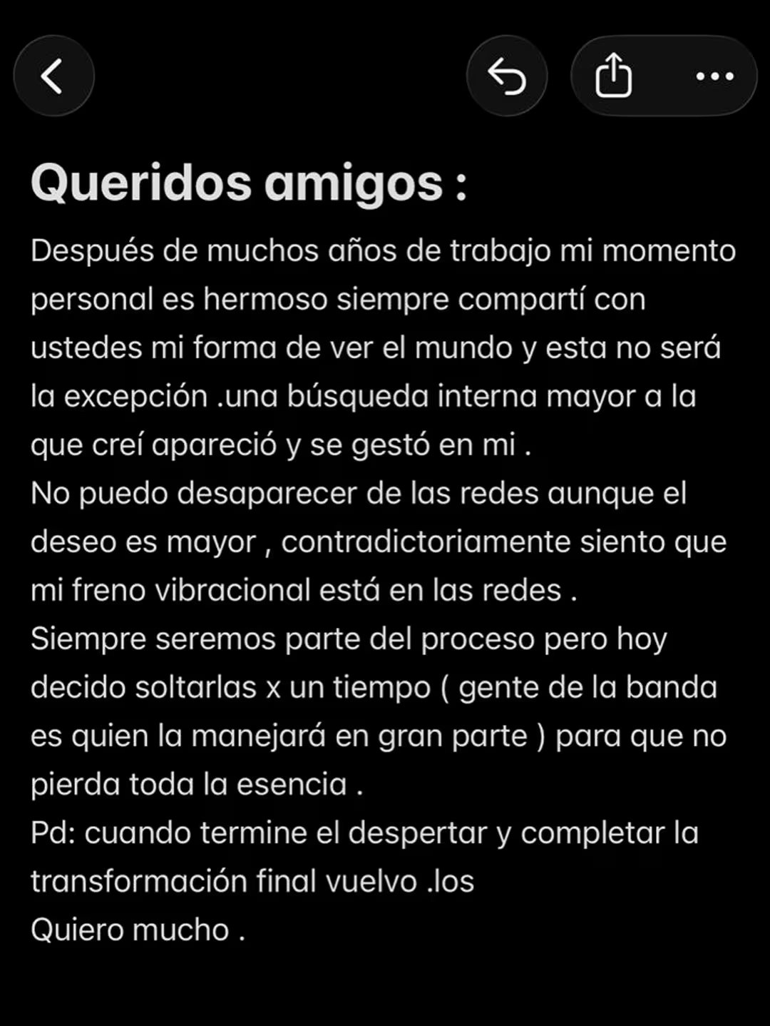 El líder de Ke Personajes explicó a sus seguidores que su decisión responde a la necesidad de desconectarse para enfocarse en su bienestar emocional