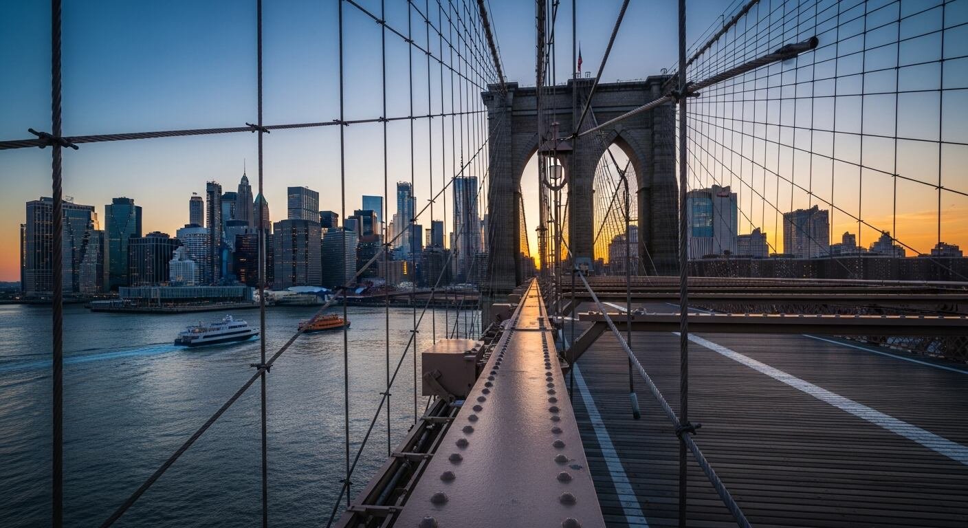 El icónico Puente de Brooklyn se erige majestuoso mientras el sol se pone sobre el horizonte de Manhattan, con embarcaciones navegando por el East River. (Imagen Ilustrativa Infobae)