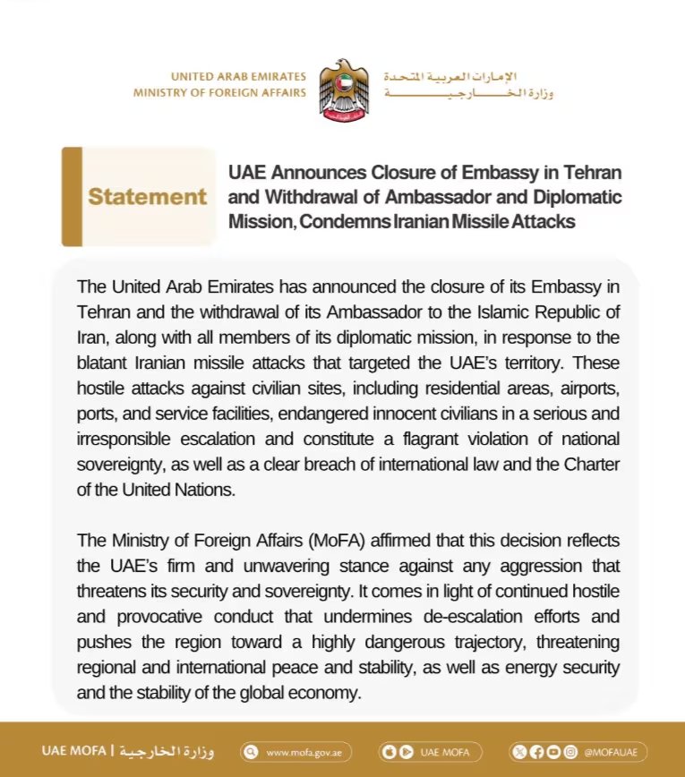 El Ministerio de Asuntos Exteriores de Emiratos Árabes Unidos anuncia el cierre de su embajada en Teherán y la retirada de su misión diplomática en respuesta a los ataques con misiles iraníes.