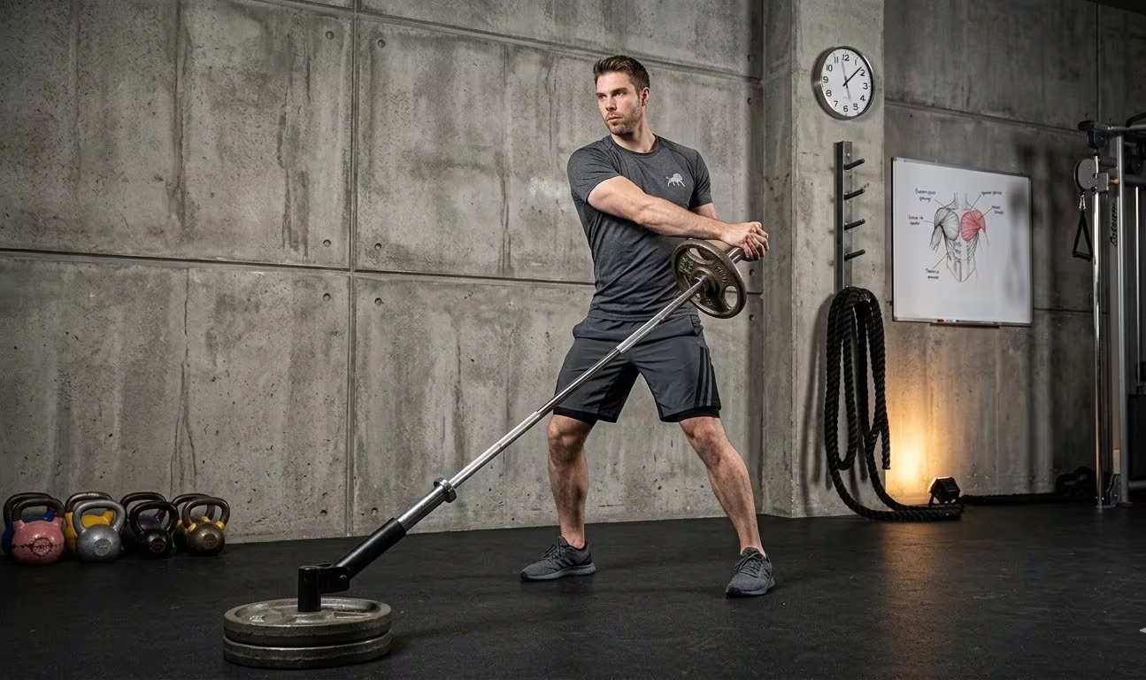 La rotación con barra en el suelo enfatiza el control del tronco mediante un movimiento guiado de lado a lado, con activación constante del core y coordinación entre caderas y pies (Imagen Ilustrativa Infobae)