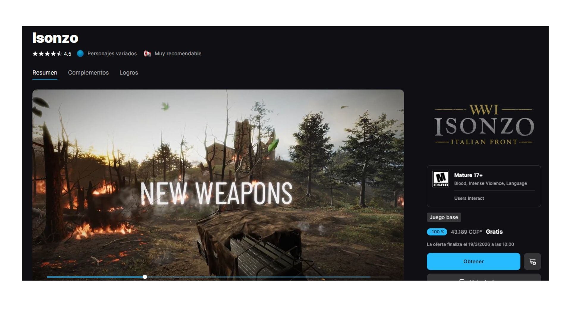 Isonzo es un juego de disparos situado en la Primera Guerra Mundial. (Epic Games)