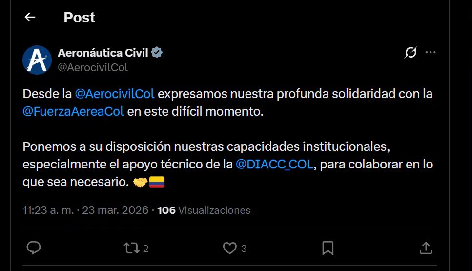 La Aeronáutica Civil expresó su solidaridad con los afectados por precipitación de avión Hércules de la Fuerza Aérea - crédito X