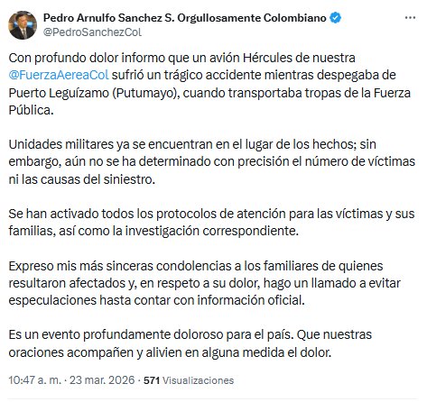 Ministro de Defensa, Pedro Sánchez, reaccionó al accidente aéreo de un avión Hércules de la Fuerza Aeroespacial Colombiana - crédito @PedroSanchezCol/X