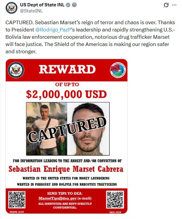La publicación del Departamento de Estado de los Estados Unidos a propósito de la captura del narco Sebastián Marset en el marco de la iniciativa Escudo de las Américas (Depto de Estado)