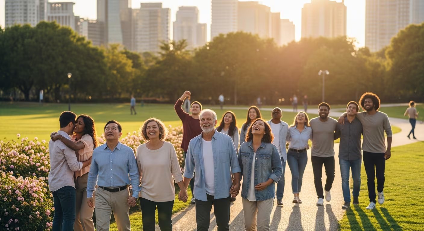 Un grupo diverso de personas, que representa la creciente esperanza de vida a 79 años, disfruta de un día soleado en un parque urbano, simbolizando la reducción de muertes por enfermedades y sobredosis (Imagen Ilustrativa Infobae)