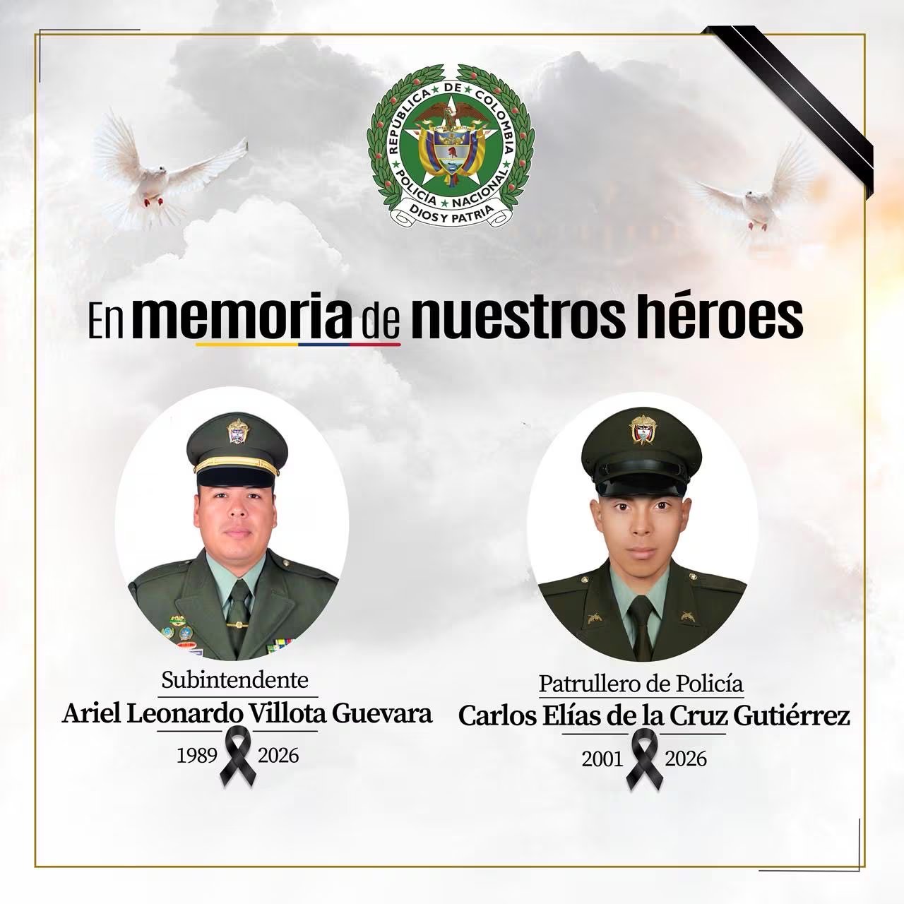 El subintendente Ariel Leonardo Villota Guevara y el patrullero Carlos Elías de la Cruz Gutiérrez fallecieron en el accidente del avión Hércules - crédito @DirectorPolicia/X