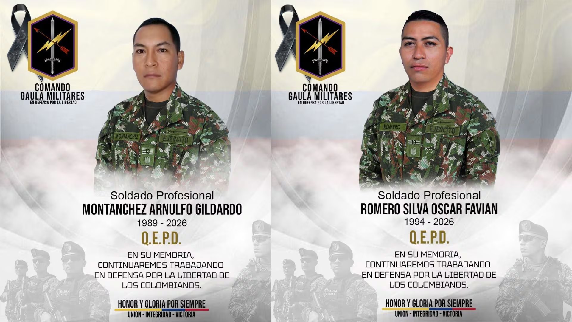 Los soldados Oscar Favián Romero Silva y Arnulfo Gildardo Montánchez fallecieron en el accidente del avión Hércules - crédito @GaulaMilitares/X