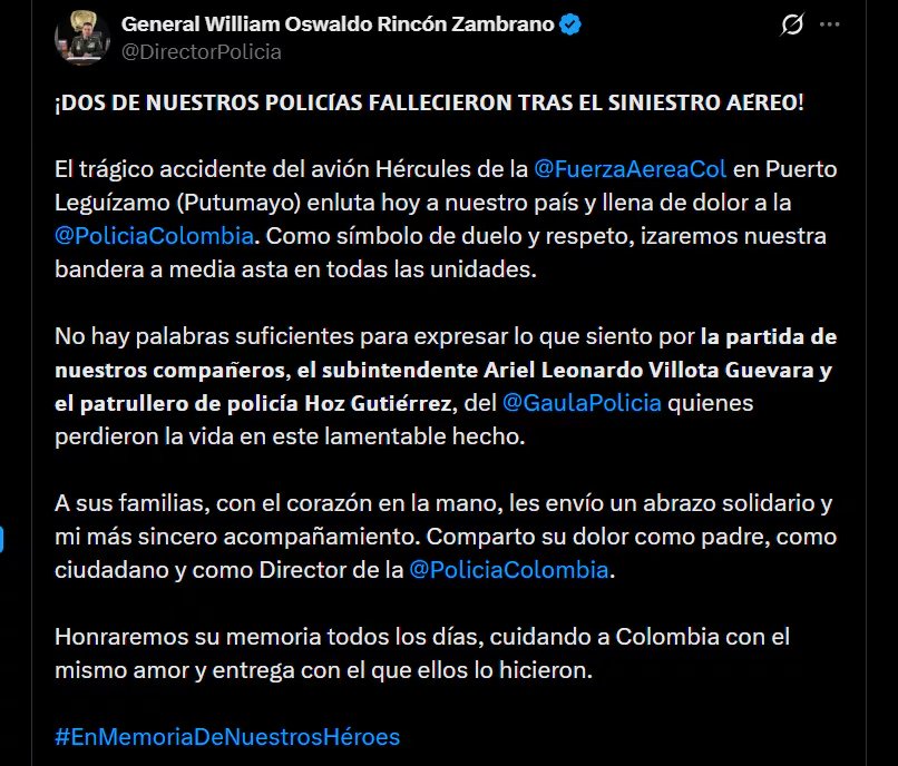 William Rincón, director de la Policía, envió un mensaje de condolencias a sus familiares, enviando un abrazo solidario, y asegurando que comparte el dolor como ciudadano, padre y director de la Policía Nacional - crédito @DirectorPolicia/X