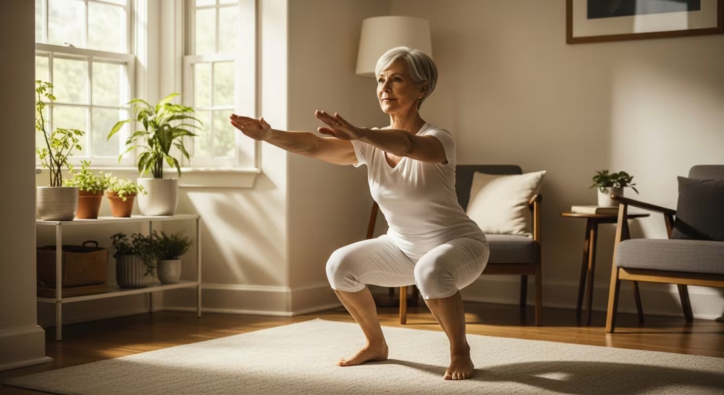 Las sentadillas de peso corporal fortalecen piernas y espalda, favoreciendo una alineación postural adecuada sin necesidad de equipamiento (Imagen Ilustrativa Infobae)