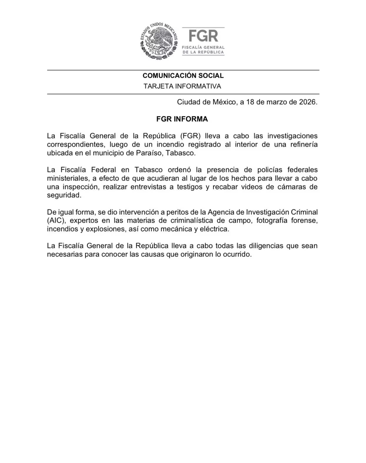 Comunicado de la FGR sobre el incendio en refinería de Dos Bocas en Tabasco. (FGR)