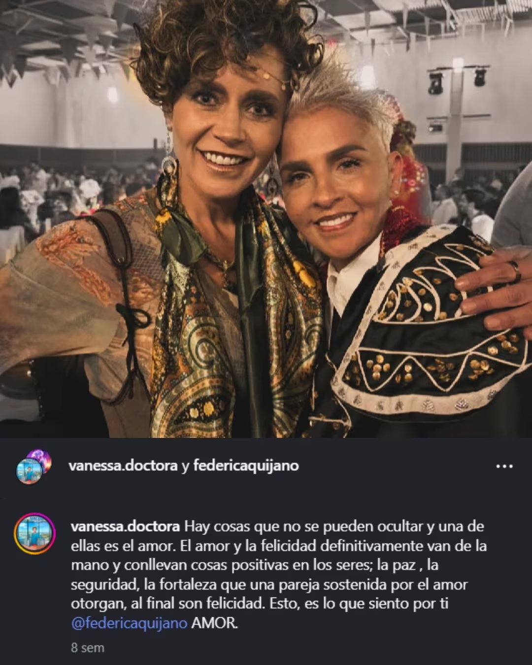 Las artistas Vanessa Rodríguez y Federica Quijano de Kabah sonríen felices mientras celebran su amor tras anunciar públicamente su relación. (@vanessa.doctora / Instagram)