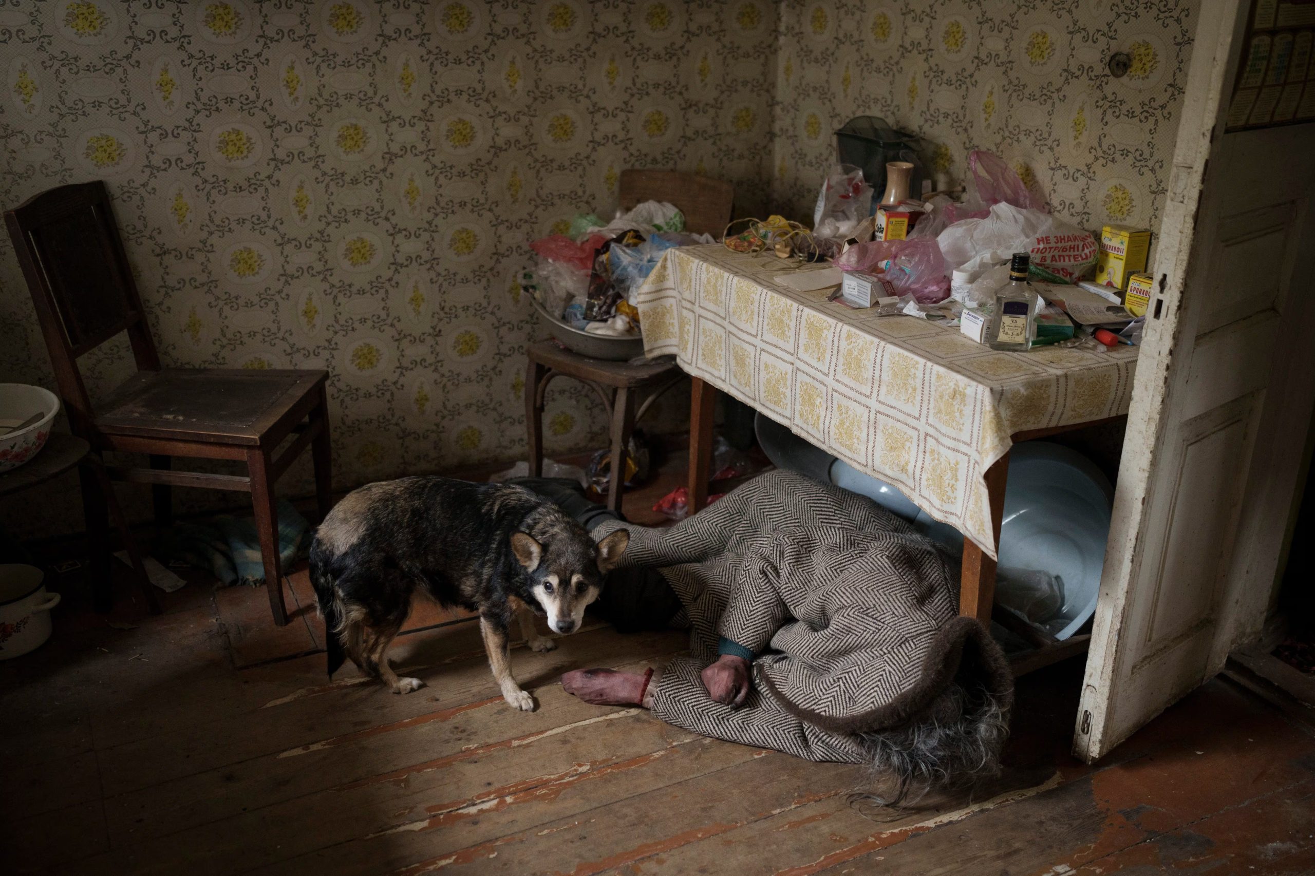 Un perro permanece junto al cuerpo de una anciana asesinada en su casa en Bucha, en las afueras de Kiev, Ucrania, el martes 5 de abril de 2022. (Foto AP/Felipe Dana, archivo)
