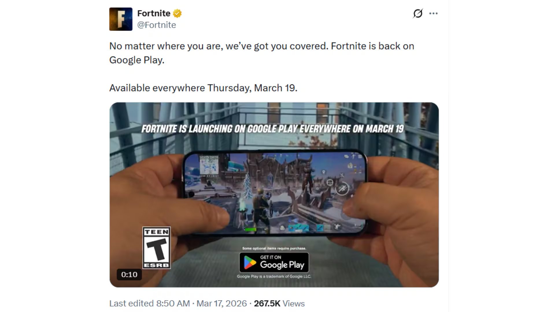 Fortnite vuelve a estar disponible en Google Play Store a nivel mundial después de varios años de ausencia. (X)