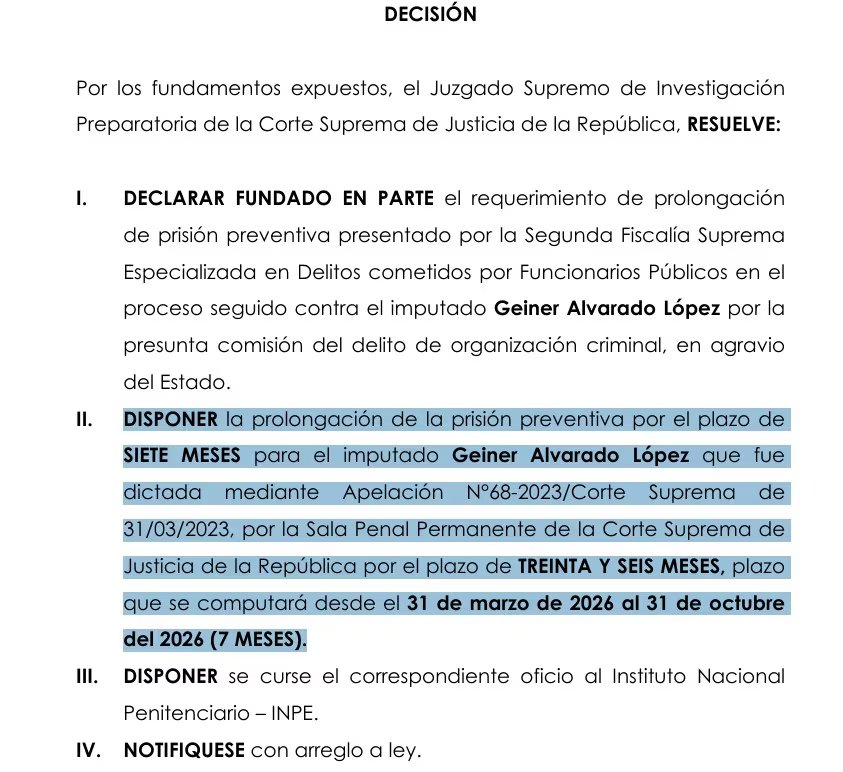 PJ prolonga la prisión preventiva de Geiner Alvarado.