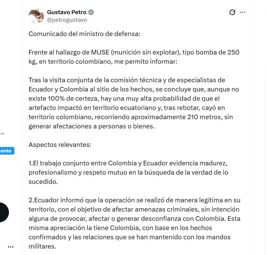 El mandatario se pronunció por última vez sobre el explosivo encontrado en la frontera con Ecuador - crédito @PetroGustavo/X