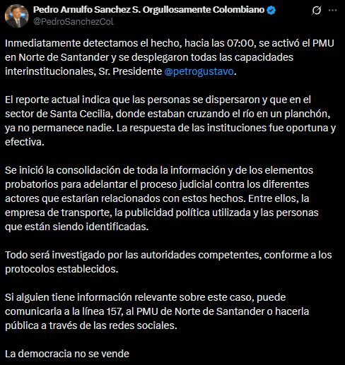 El ministro de Defensa, Pedro Sánchez Suárez, informó que la alerta fue detectada hacia las 7:00 a. m. en un sector de la frontera donde varias personas cruzaban el río Táchira en un planchón- crédito @PedroSanchezCol/X