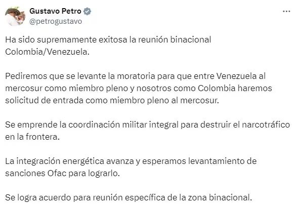 El presidente Gustavo Petro calificó como “supremamente exitosa” la reunión binacional con Venezuela. - crédito @petrogustavo/X