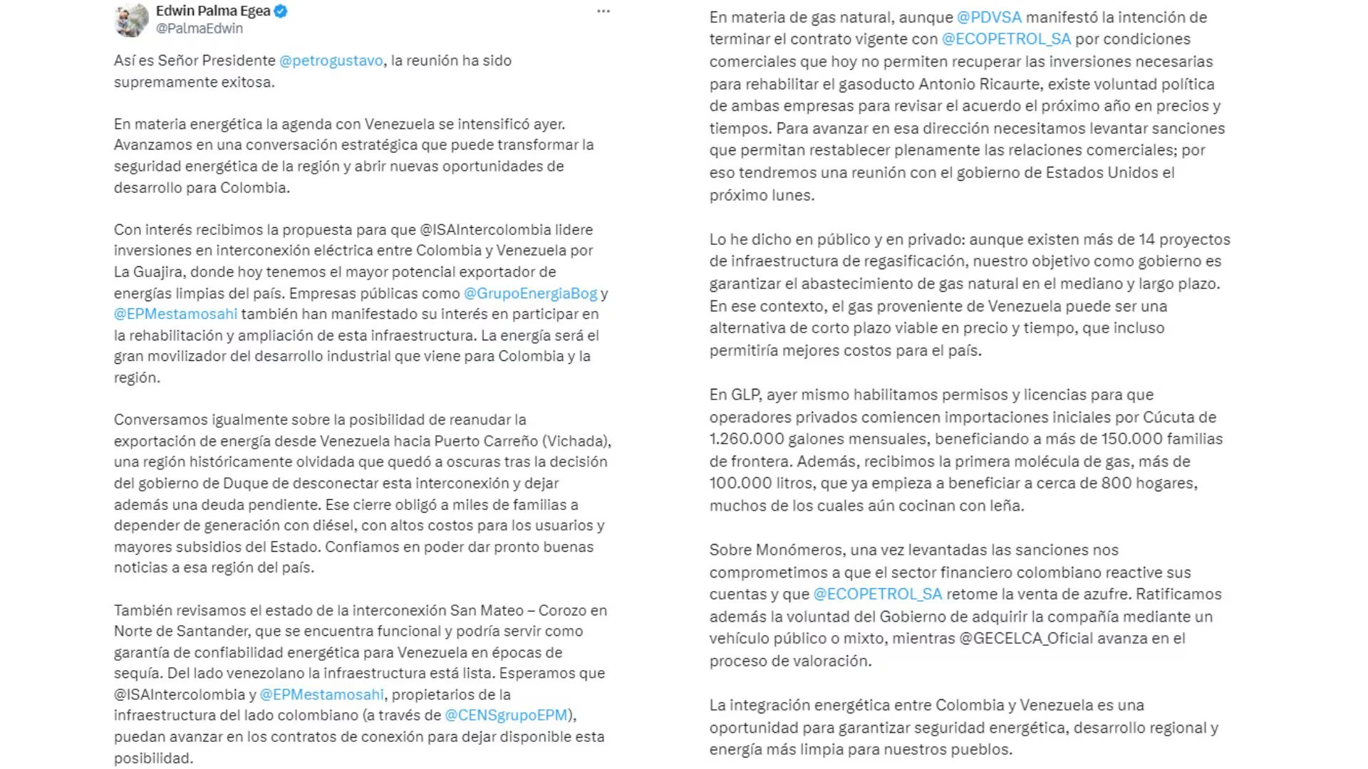 El ministro Edwin Palma anunció que el Gobierno sostendrá una reunión con EE. UU. para hablar sobre sanciones a Venezuela. - crédito @PalmaEdwin/X