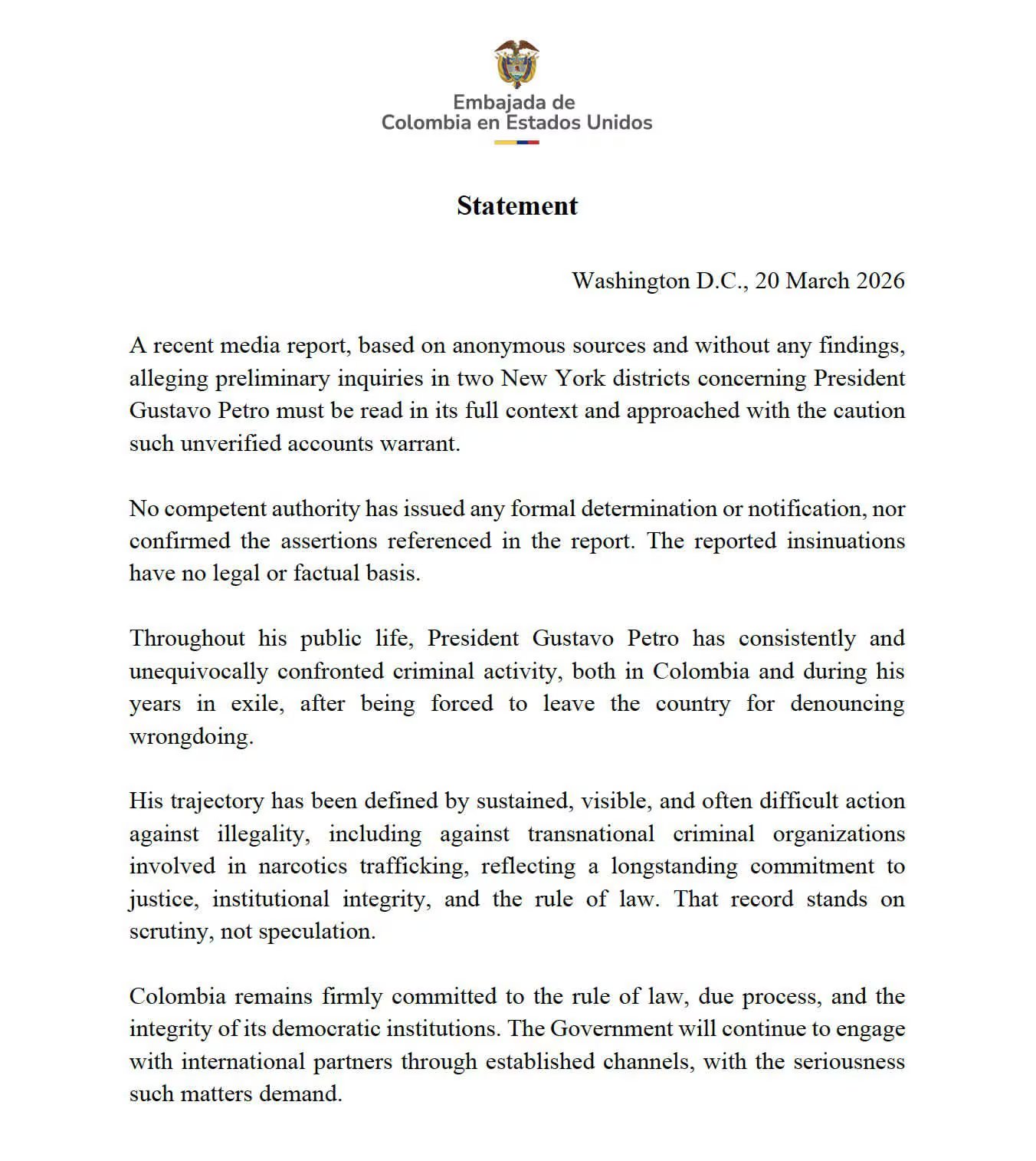 Colombia niega sustento en informe de Estados Unidos que menciona indagaciones contra Petro - crédito @ColombiaEmbUSA/X