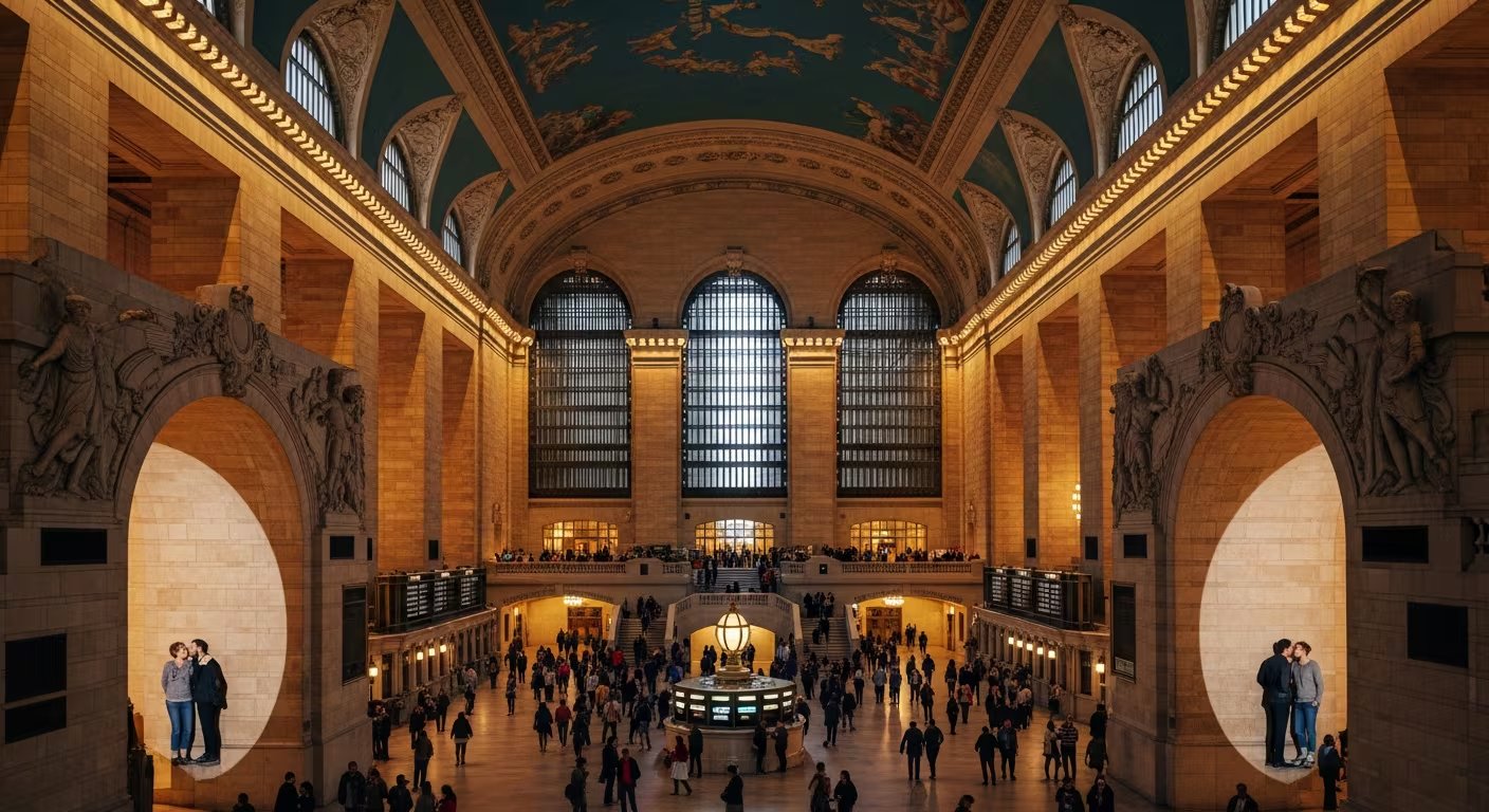 La Gran Sala de Grand Central Terminal en Nueva York exhibe su arquitectura Beaux-Arts, la afluencia de viajeros y dos parejas en las famosas Galerías de los Susurros bajo su imponente techo celeste pintado. (Imagen Ilustrativa Infobae)
