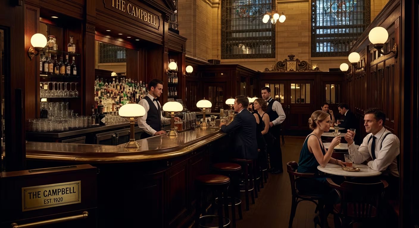 Clientes y camareros en el elegante The Campbell, el emblemático bar ubicado en la Grand Central Terminal de Nueva York, que mantiene su atmósfera de sofisticación clásica. (Imagen Ilustrativa Infobae)