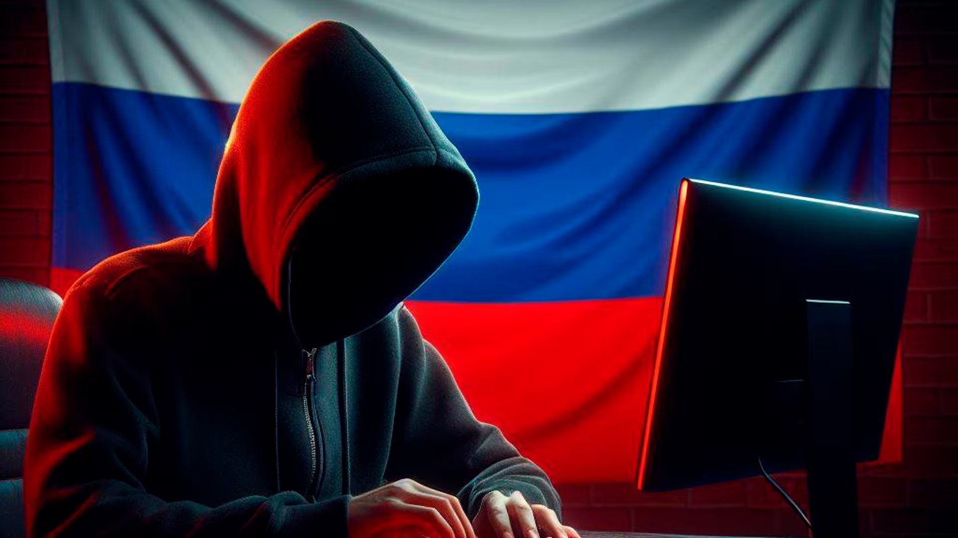 Un hacker con la bandera rusa de fondo (Imagen Ilustrativa)